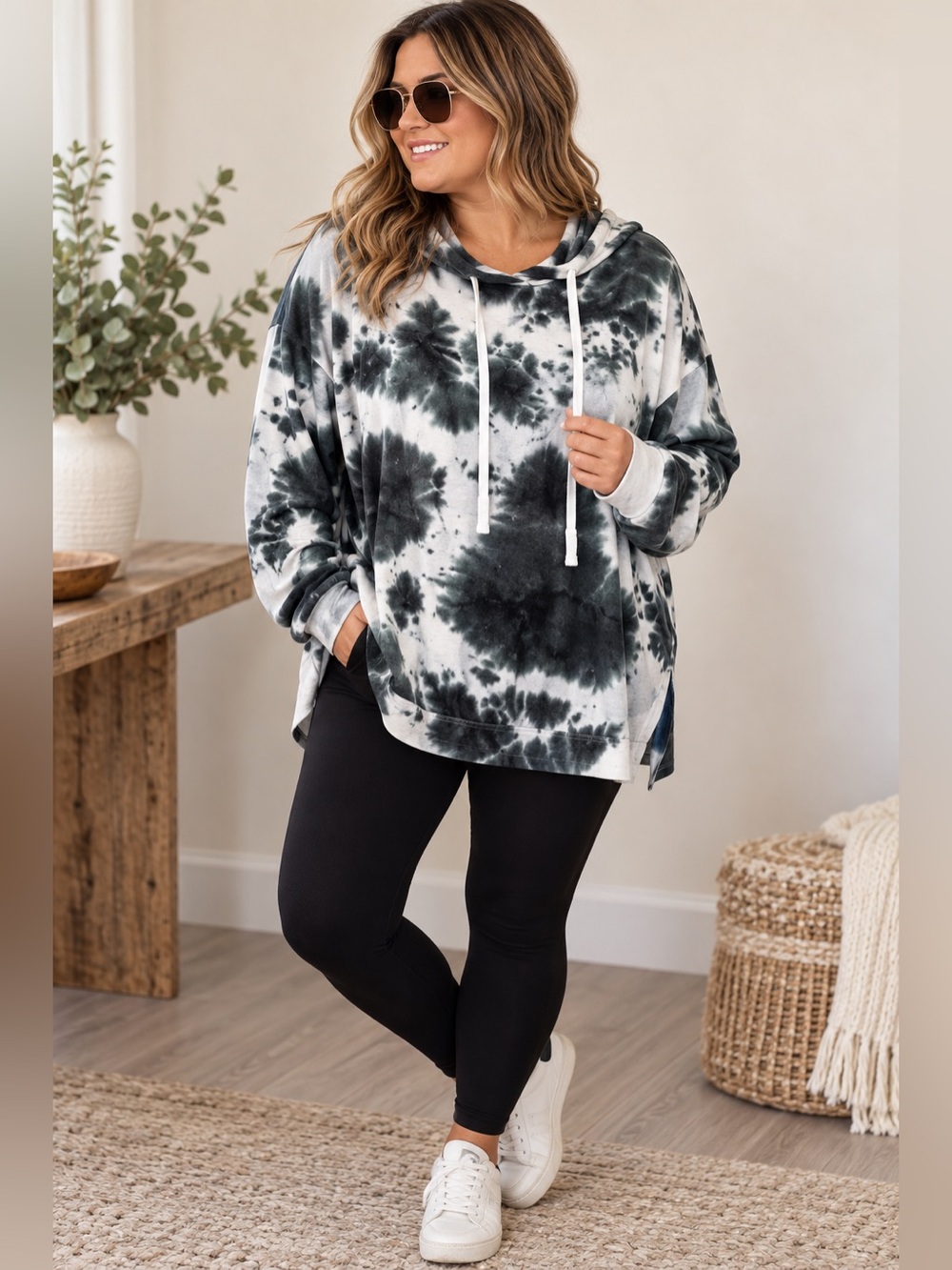 Orange Kiss 2X Black Gray Tie Dye Lightweight Hooded Pullover Top